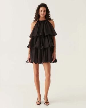 AJE Claudia Black Ruffled Tiered Mini Cocktail Dress Women’s Size 12